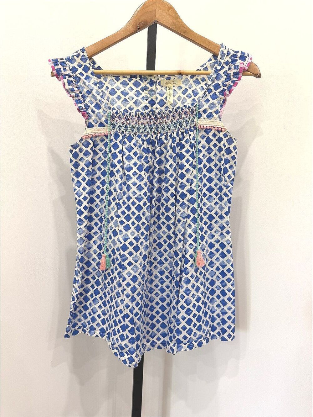 Matilda Jane Blue and White Patterned Sleeveless Blouse with Pink Trim XS